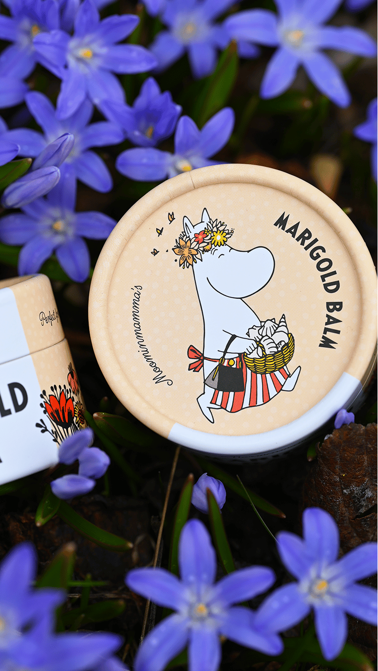 Ett marigold balm med Moomin motiv bland lila blommor